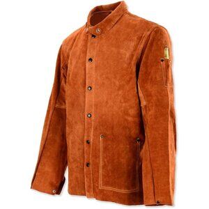 Men's Orange Cowhide Leather Welding Flame Resistant Heavy Duty Split Jacket